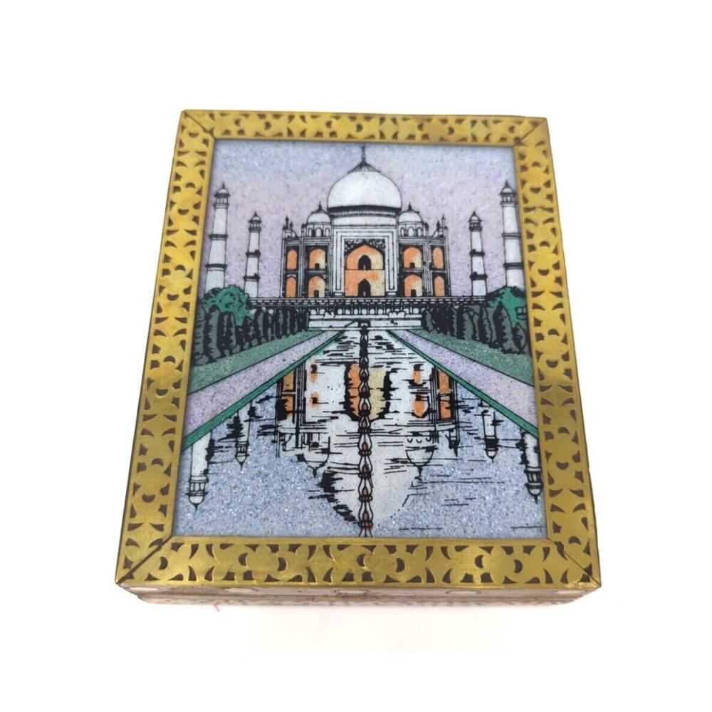 VINTAGE TRINKET BOX, HAND PAINTED TAJ MAHAL & BRASS INLAYS WITH FELT INTERIOR